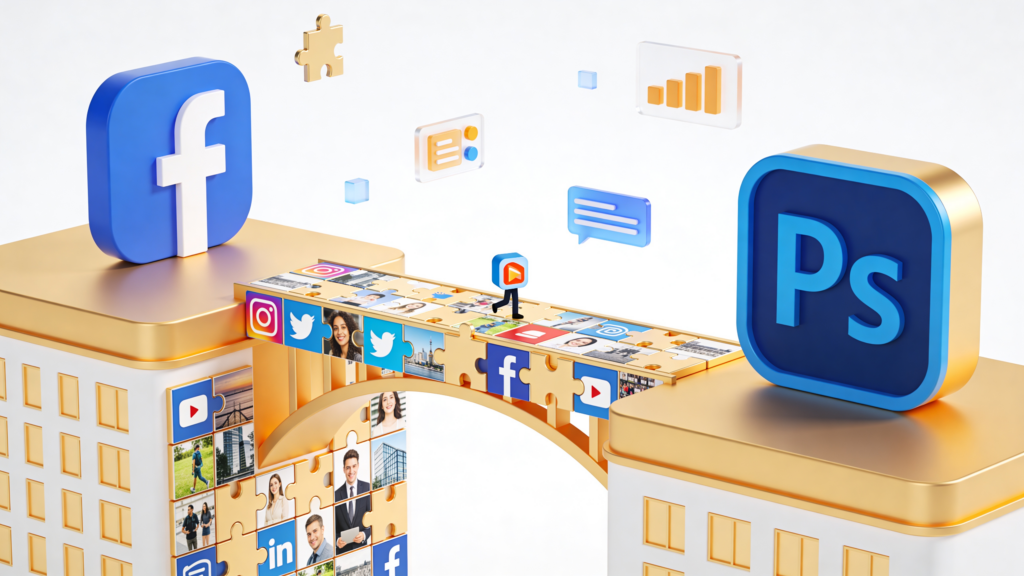 Illustrazione di un ponte fatto di tasselli con le icone di Facebook, Instagram, Twitter, YouTube e LinkedIn che collega due edifici, a simboleggiare i contenuti come tasselli di una strategia