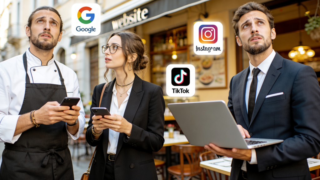 Tre professionisti in un caffè che consultano smartphone e laptop, a rappresentare la sola presenza sui social senza una strategia di vendita