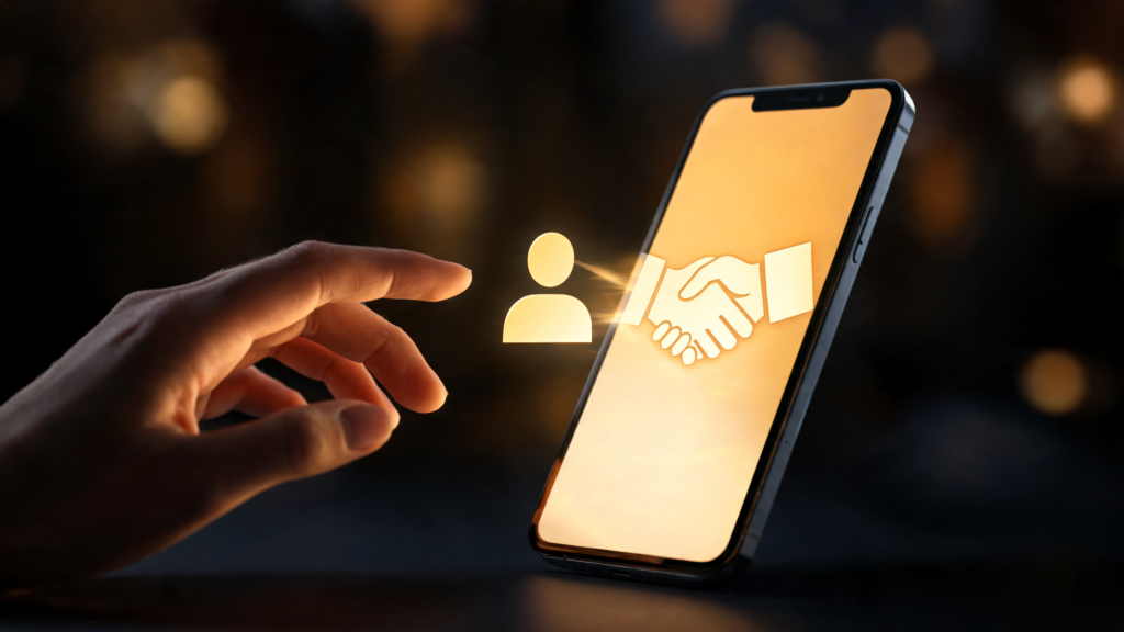 Mano che tocca uno smartphone con un'icona luminosa di stretta di mano, a simboleggiare la fiducia che trasforma un follower in un cliente