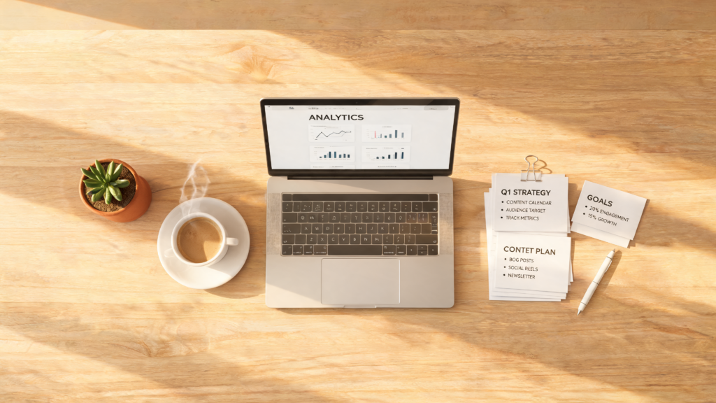 Laptop con dashboard di analytics e grafici su una scrivania in legno, a rappresentare l'analisi dei dati per capire davvero il target