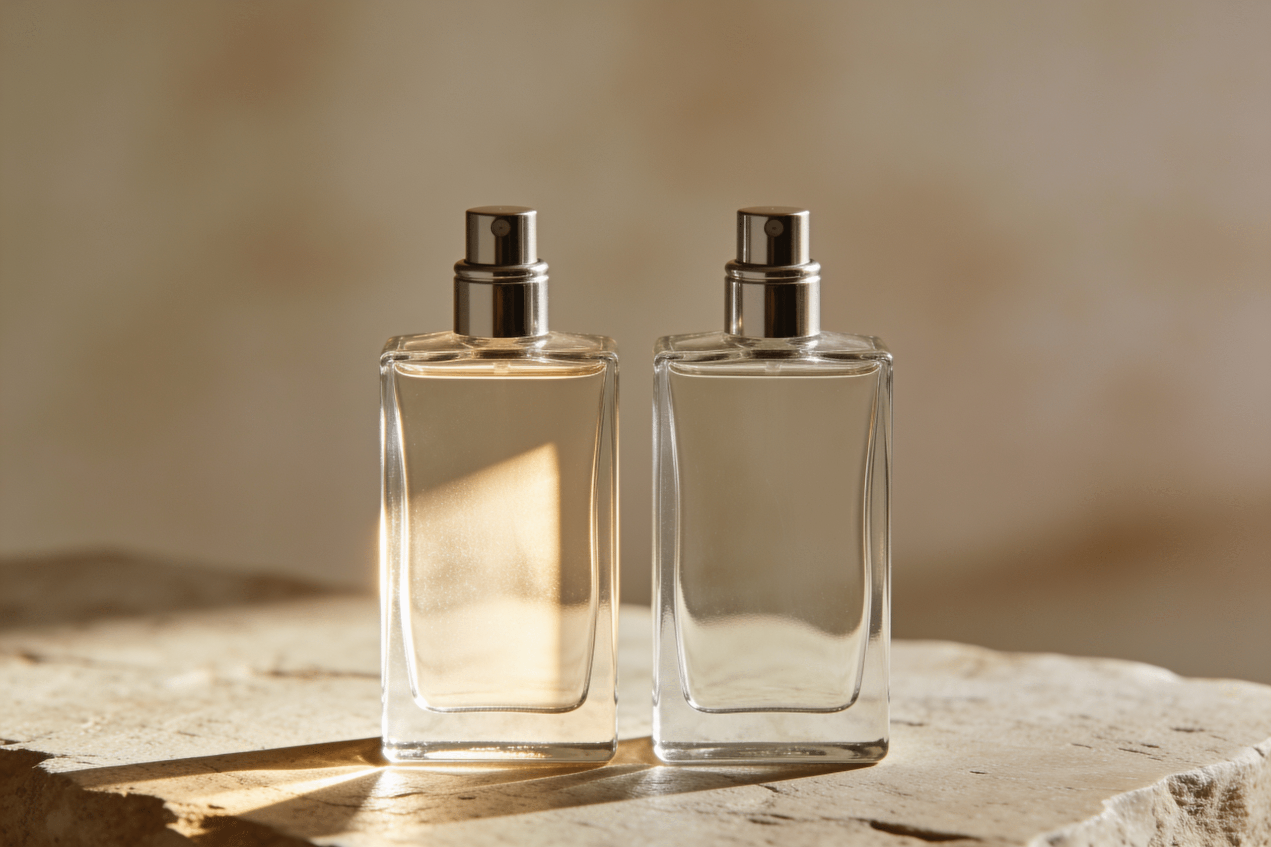 Due bottiglie di profumo identiche affiancate, metafora della percezione di valore tra prodotti simili