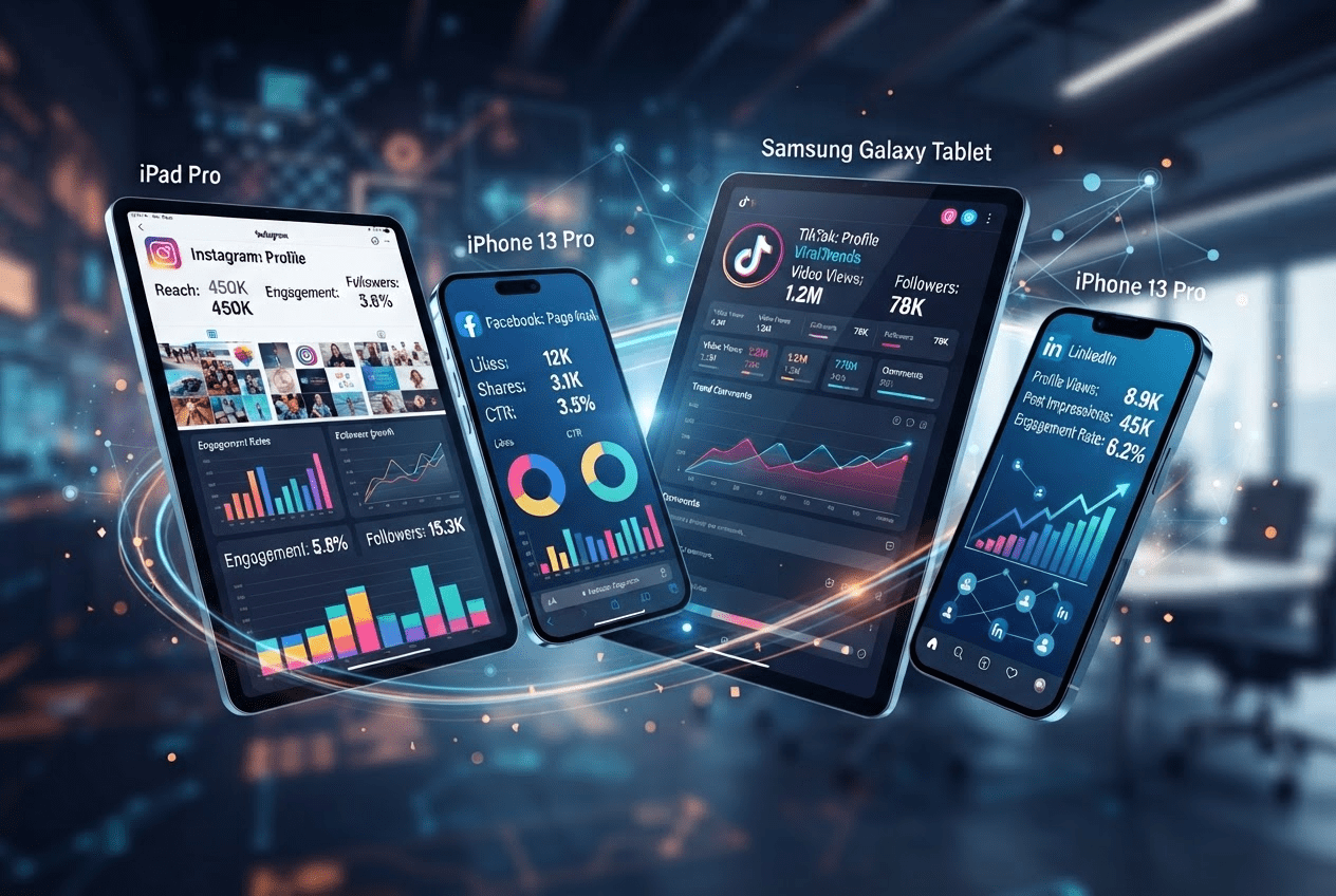 Schermi smartphone con icone social media e grafici analytics