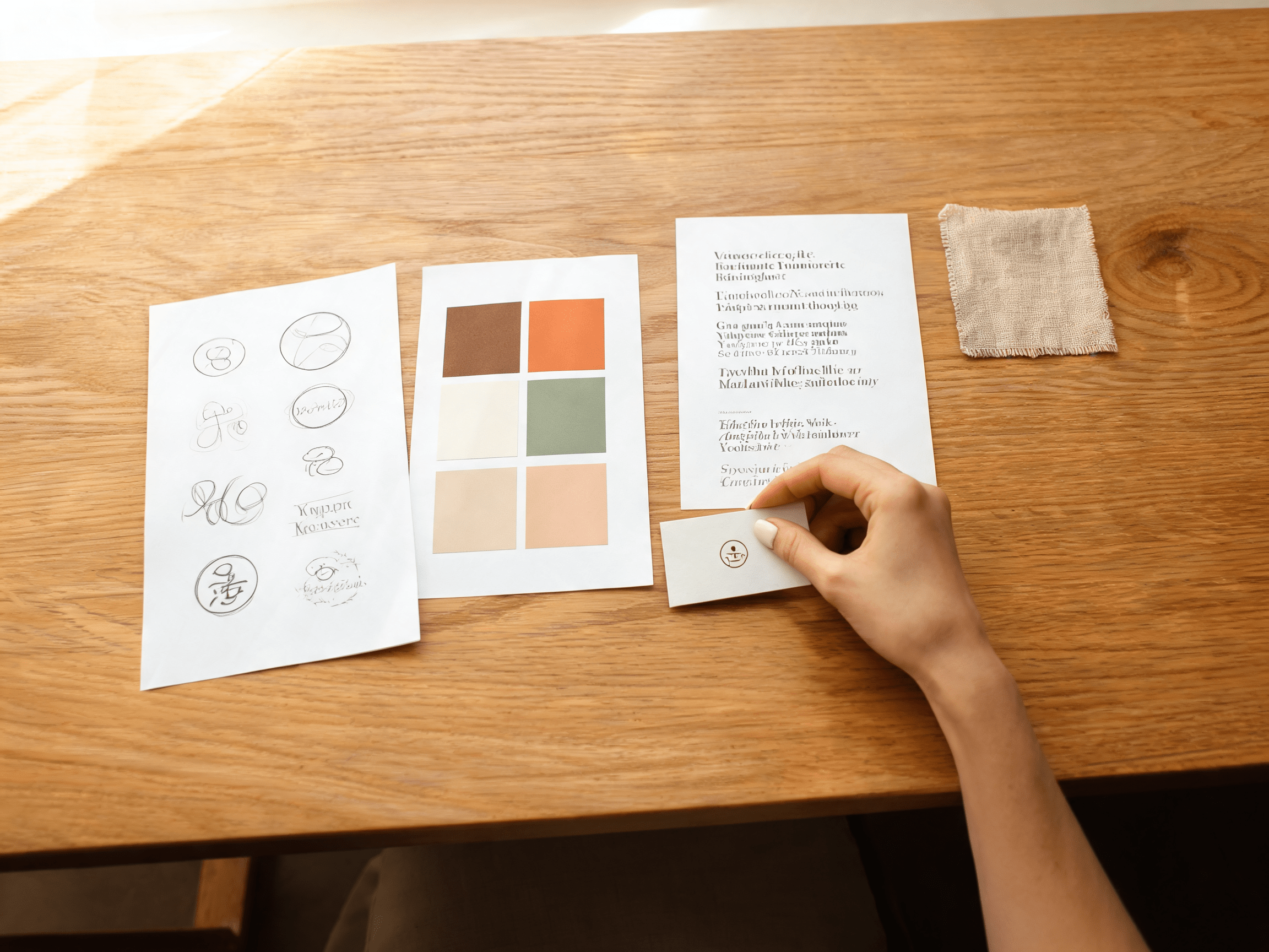 Moodboard di brand identity con bozze di logo, palette colori e tipografia