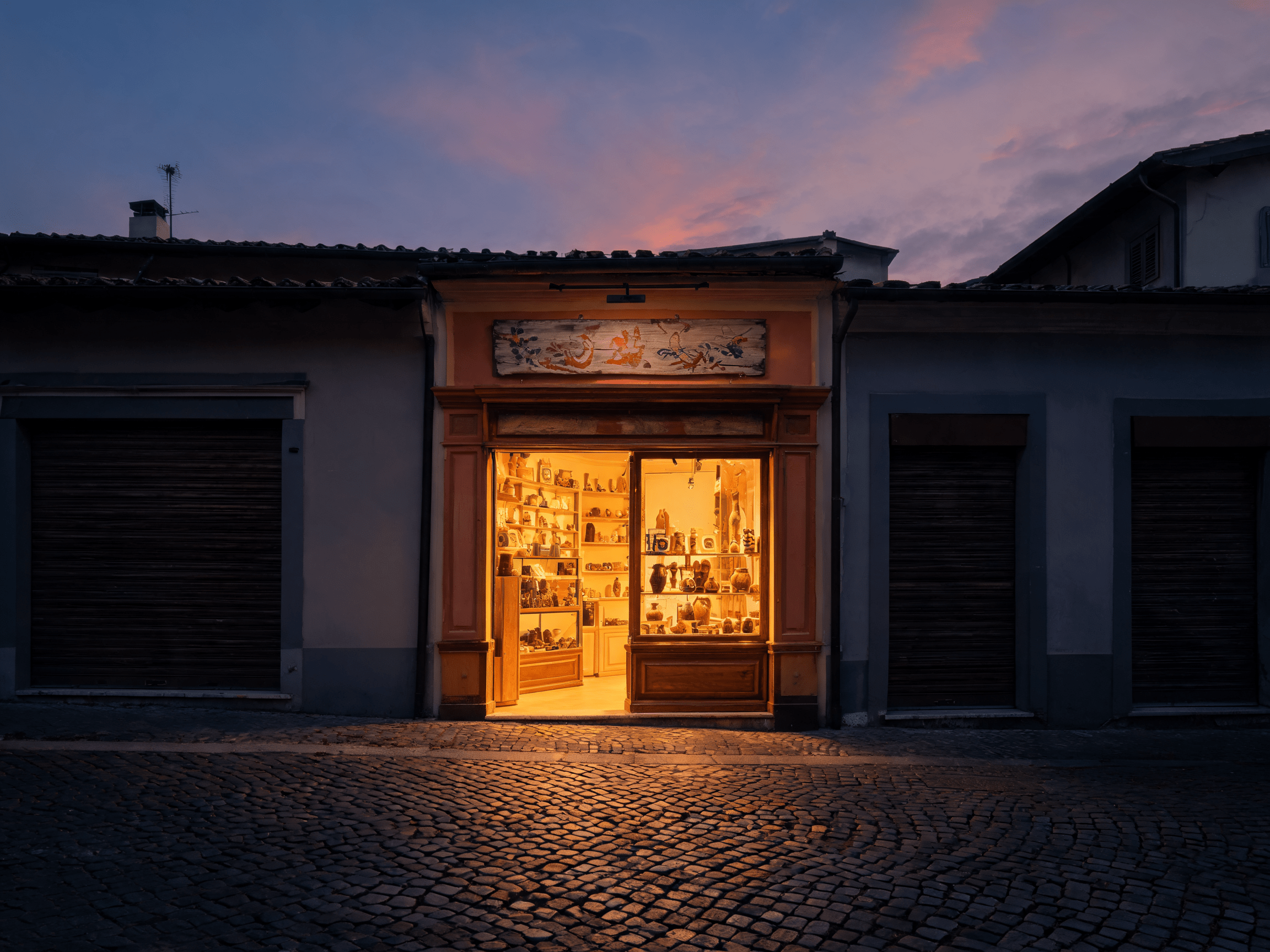 Bottega artigiana illuminata che si distingue tra vetrine anonime, metafora del branding per PMI