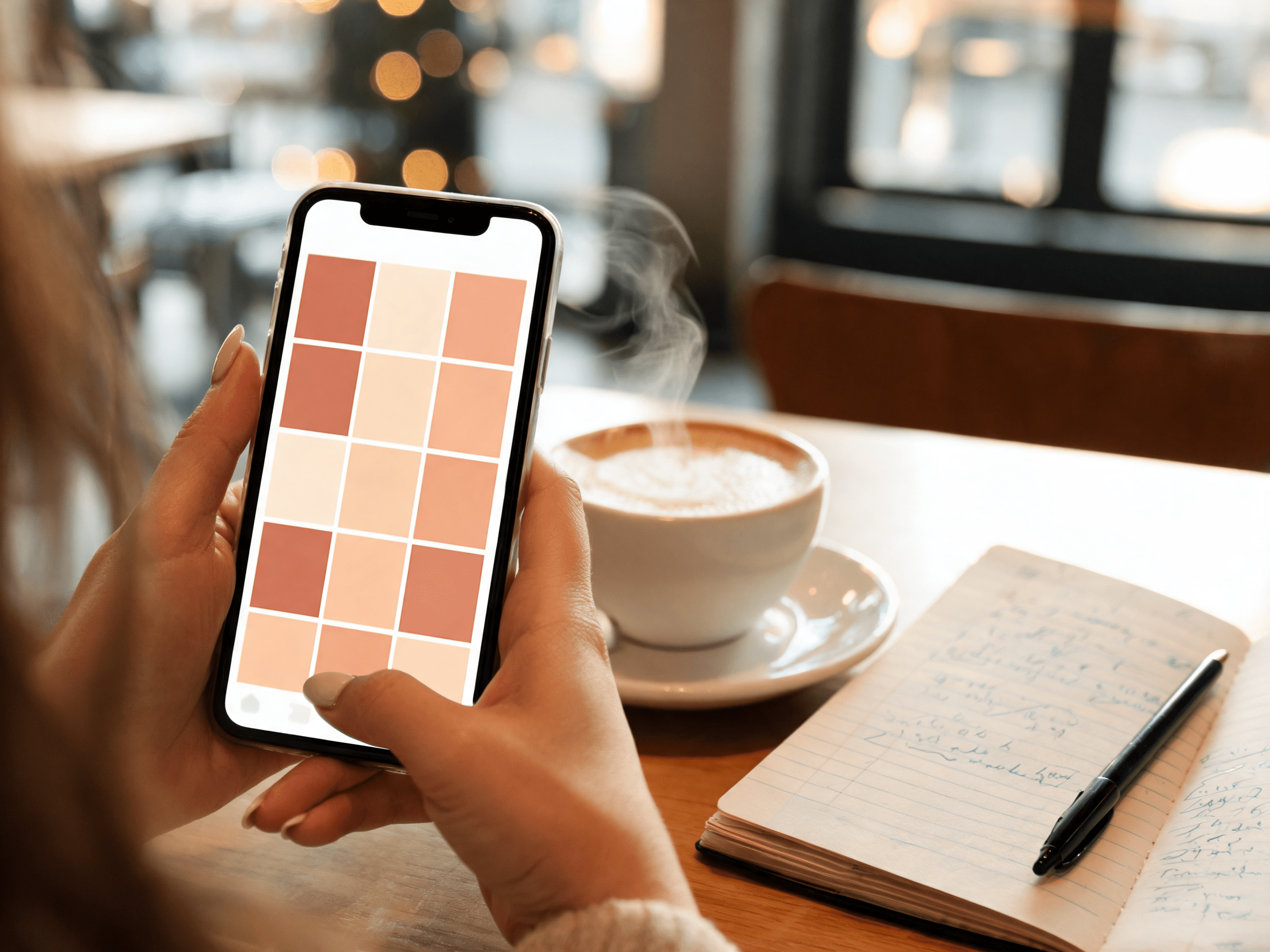 Mani con smartphone che mostrano un feed Instagram coerente, costanza nel fare branding sui social