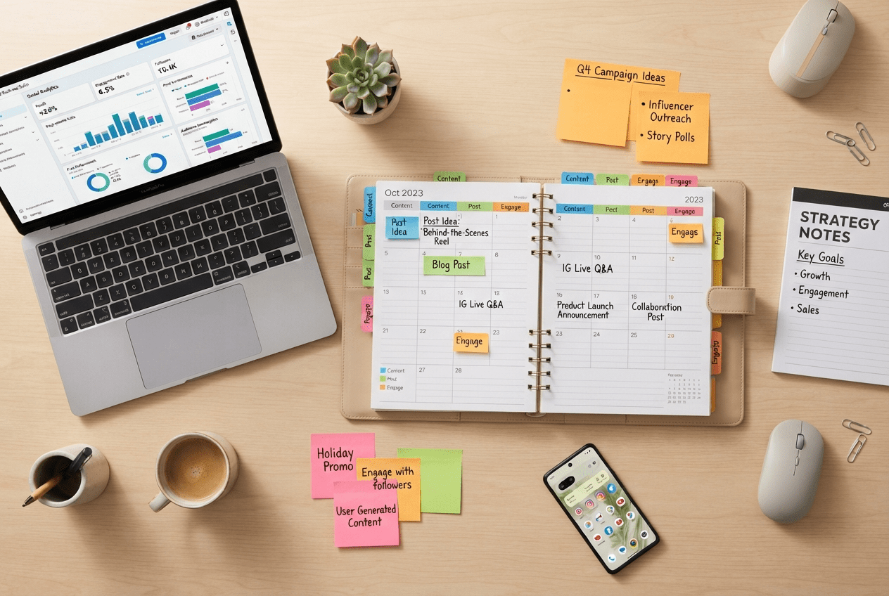Piano editoriale social media con calendario contenuti e laptop con analytics dashboard