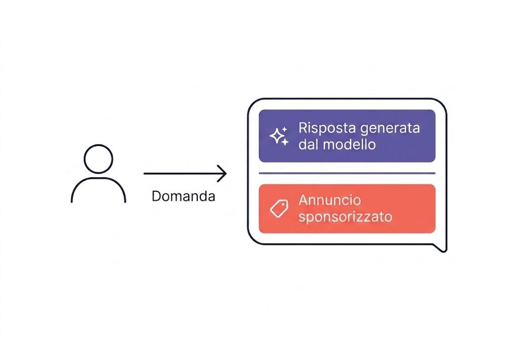 Diagramma che mostra come la risposta generata dal modello e l'annuncio sponsorizzato siano due blocchi separati nelle ChatGPT Ads Italia