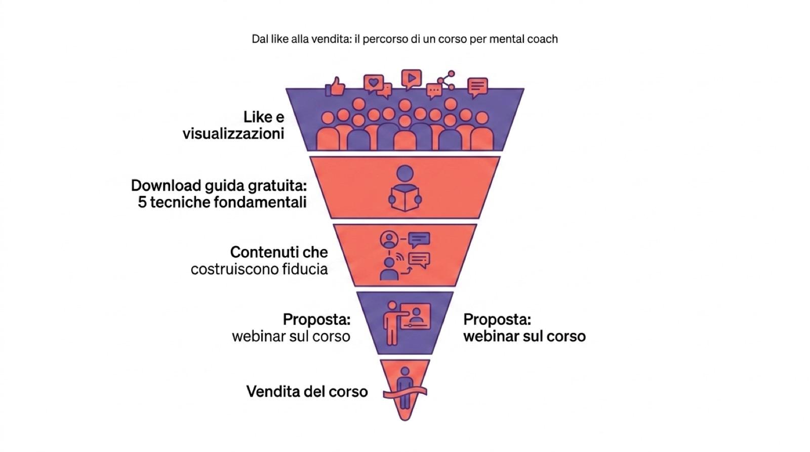 Social media marketing efficace: diagramma del funnel dal like alla vendita per un corso per mental coach, dal like al download della guida fino alla vendita