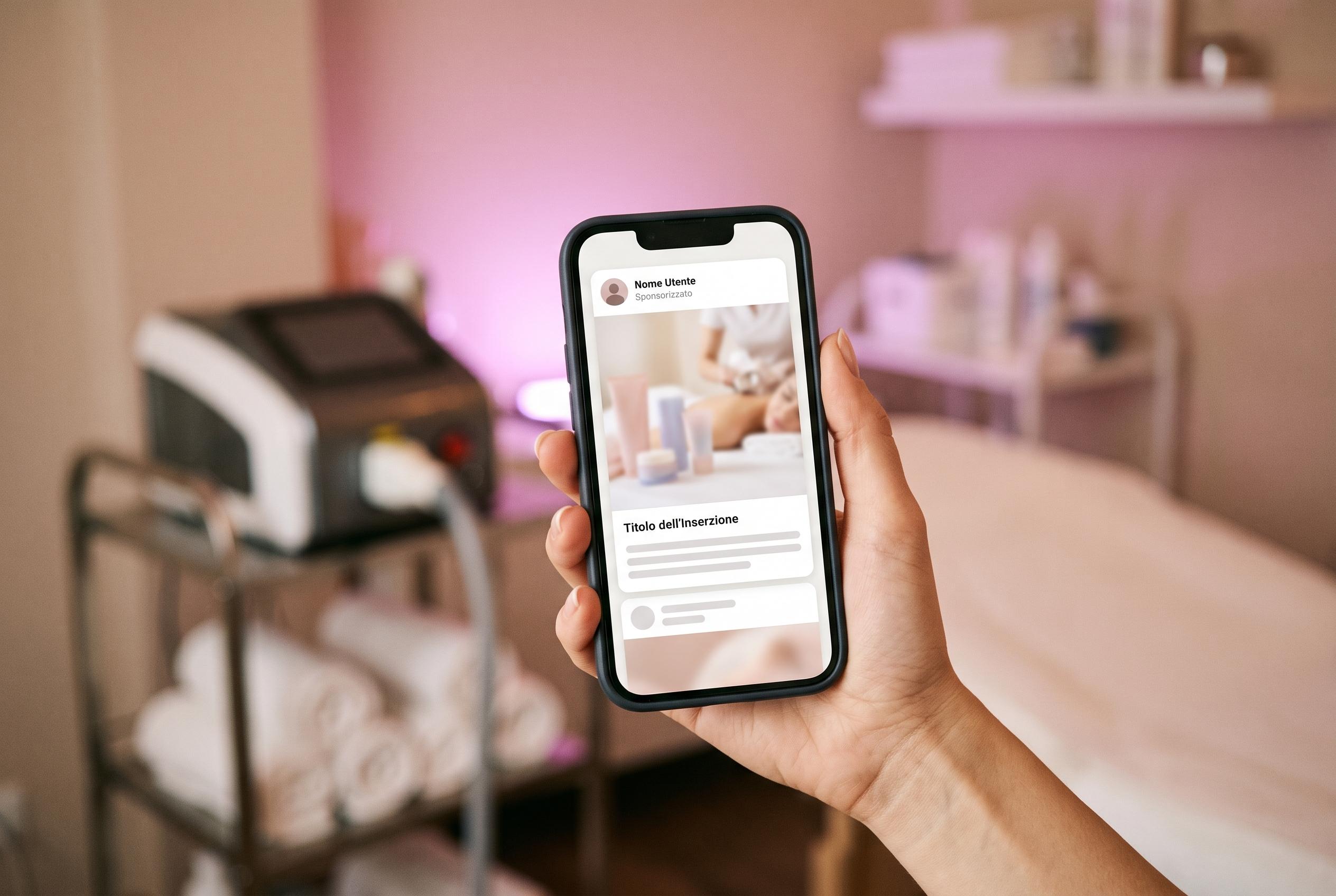 Smartphone in mano che mostra un annuncio sponsorizzato Meta, sullo sfondo una sala trattamenti di un centro estetico a Firenze con macchina per epilazione laser, esempio di social media marketing Firenze