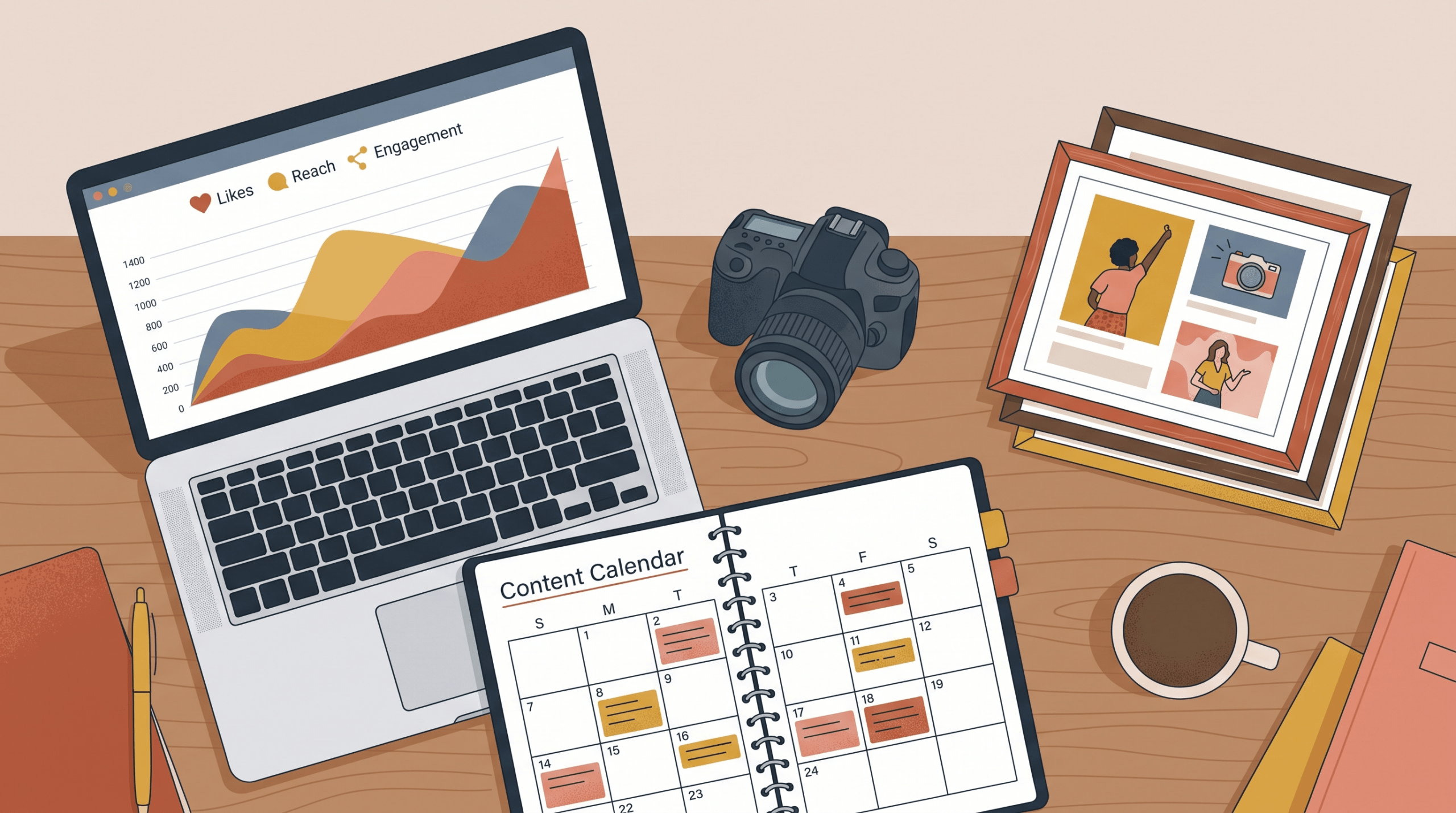 Scrivania con laptop che mostra un grafico di engagement, una fotocamera e un calendario editoriale, a rappresentare le competenze di content creation e analisi dei dati