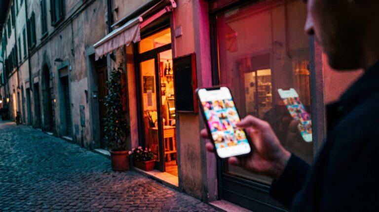 social media marketing per attività locali: vetrina di un negozio con smartphone e feed Instagram