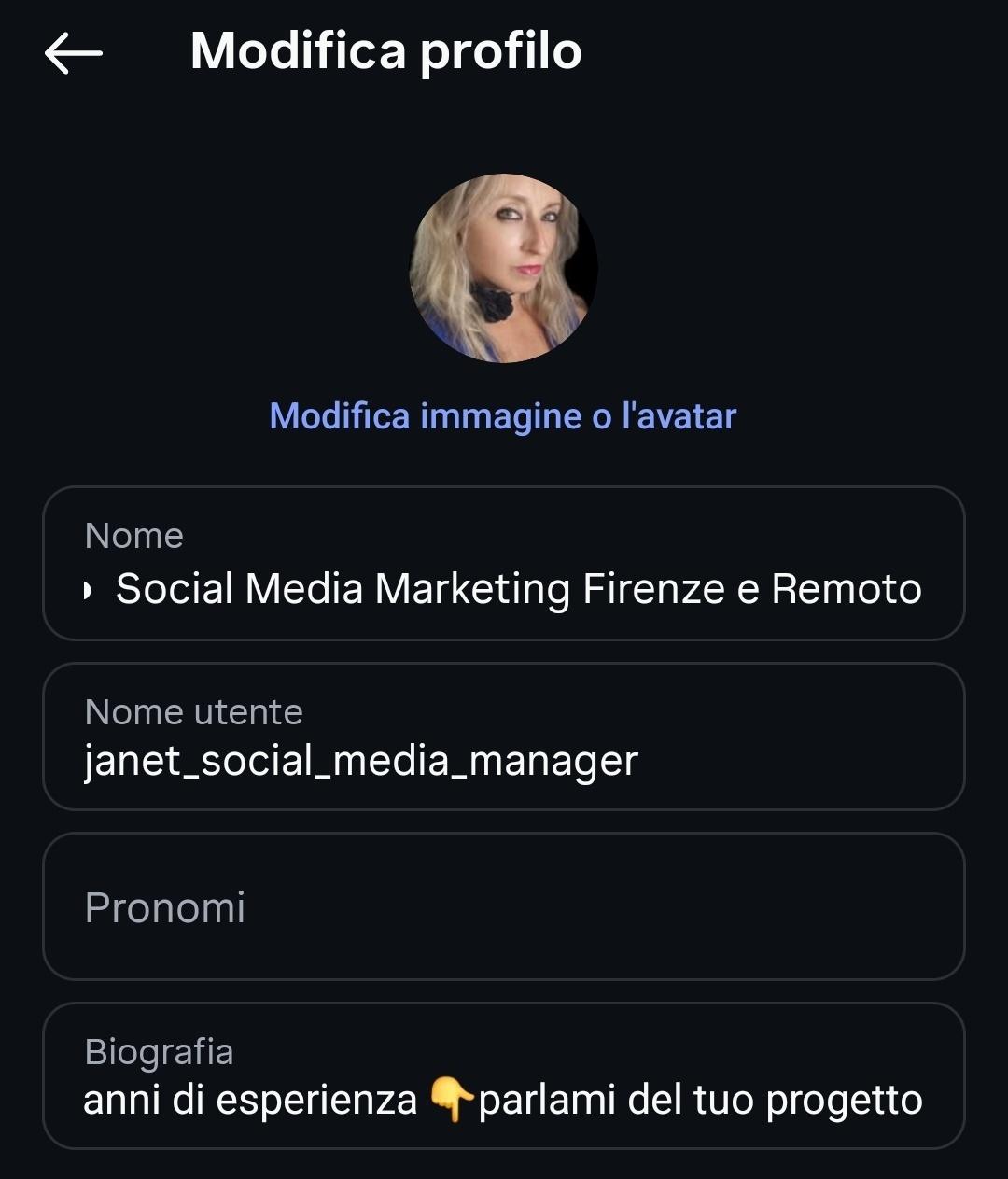 Schermata Modifica profilo Instagram di Janet Pitarresi con username @janet_social_media_manager e nome profilo ottimizzato per la Social SEO