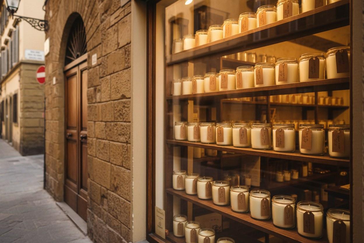 Vetrina di un piccolo negozio artigianale a Firenze con candele e cartellini: il contesto racconta la differenza